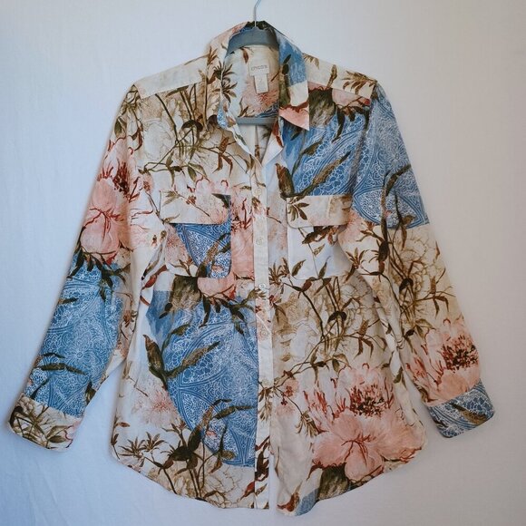 Chicos Floral Shirt Blouse Long Sleeve Button Down Womens Large Chicos size 2 - Picture 2 of 12